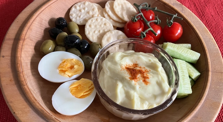 Easy Home-made Mayonnaise seen with nibbles for TCP